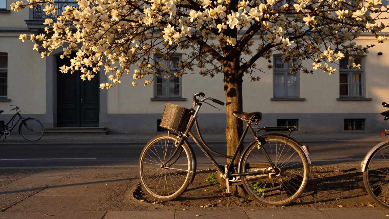 Golden Hour Street Photography in Berlin Germany with Vintage Bicycle and Dogwood Tree in in Berlin, Germany