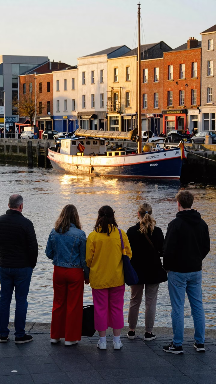 Golden Hour Street Photography in Dublin Ireland with Colorful Fashion and Local Harbor Scene in in Dublin, Ireland