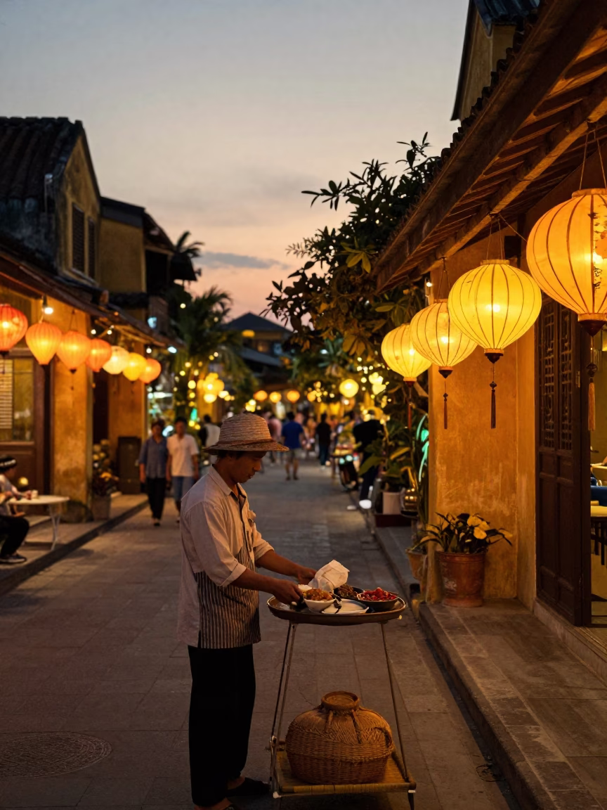 Golden Hour Street Photography in Hoi An Vietnam with Lanterns and Local Commerce in in Hoi An, Vietnam