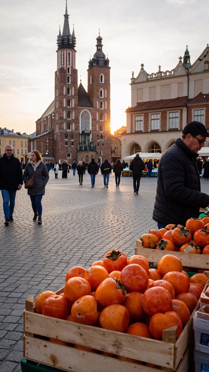 Golden Hour Street Photography in Krakow Poland with Colorful Local Market Scene in in Krakow, Poland