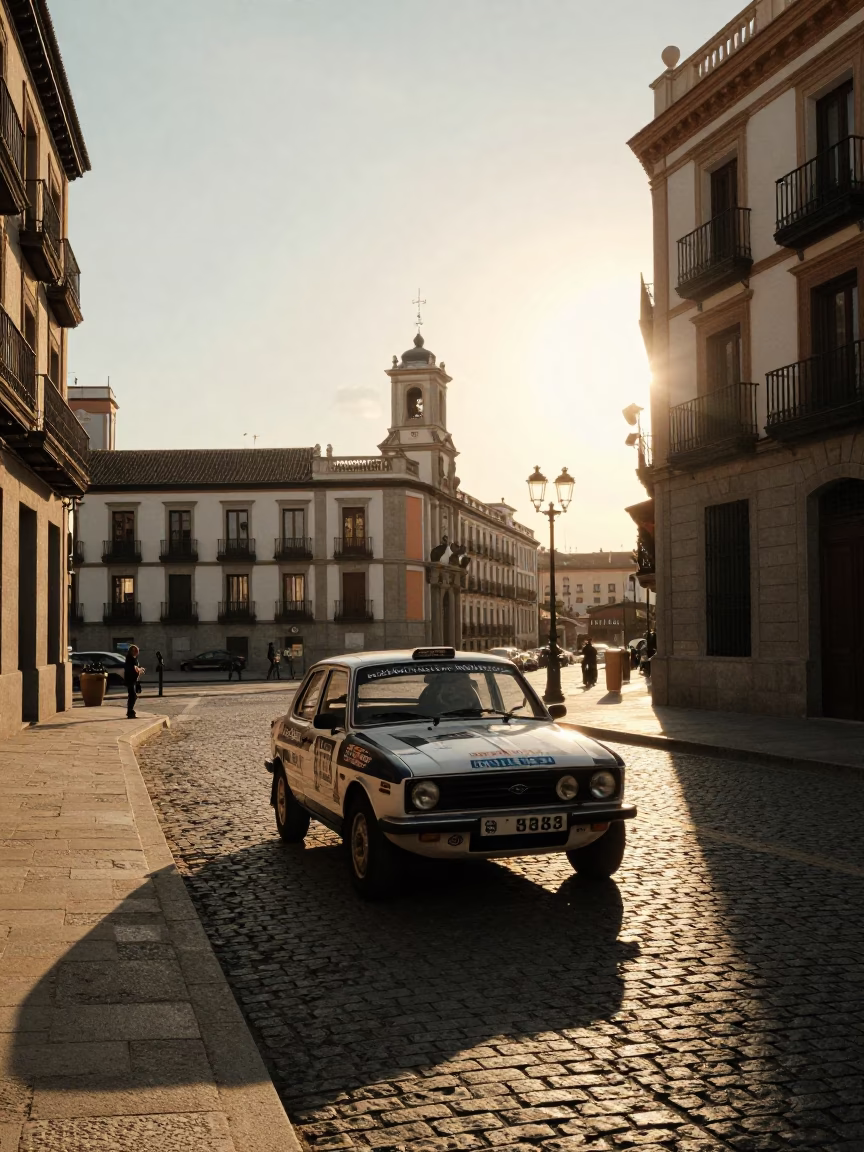 Golden Hour Street Photography in Madrid Spain with Vintage Car Rally and Folding Chair in in Madrid, Spain