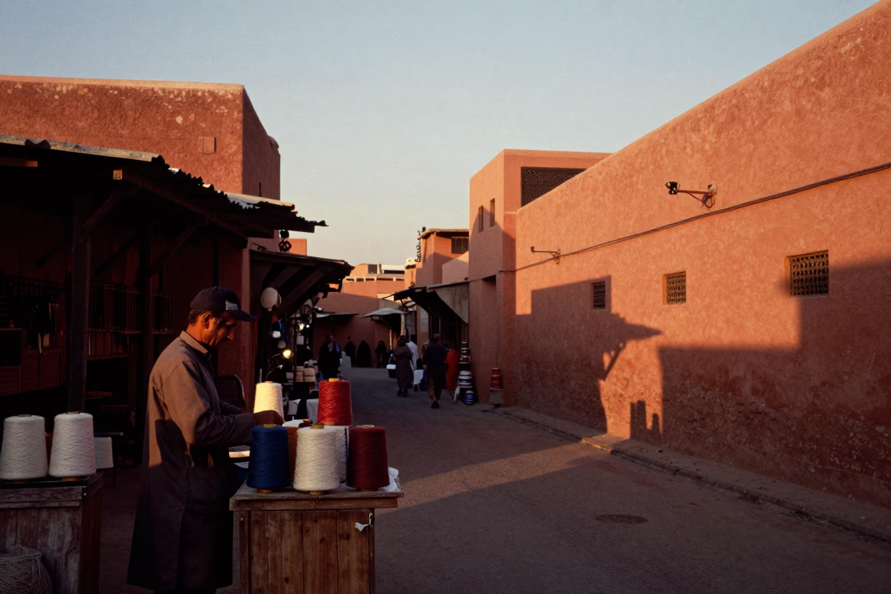 Golden Hour Street Photography in Marrakech Souk with Spool of Thread in in Marrakech, Morocco