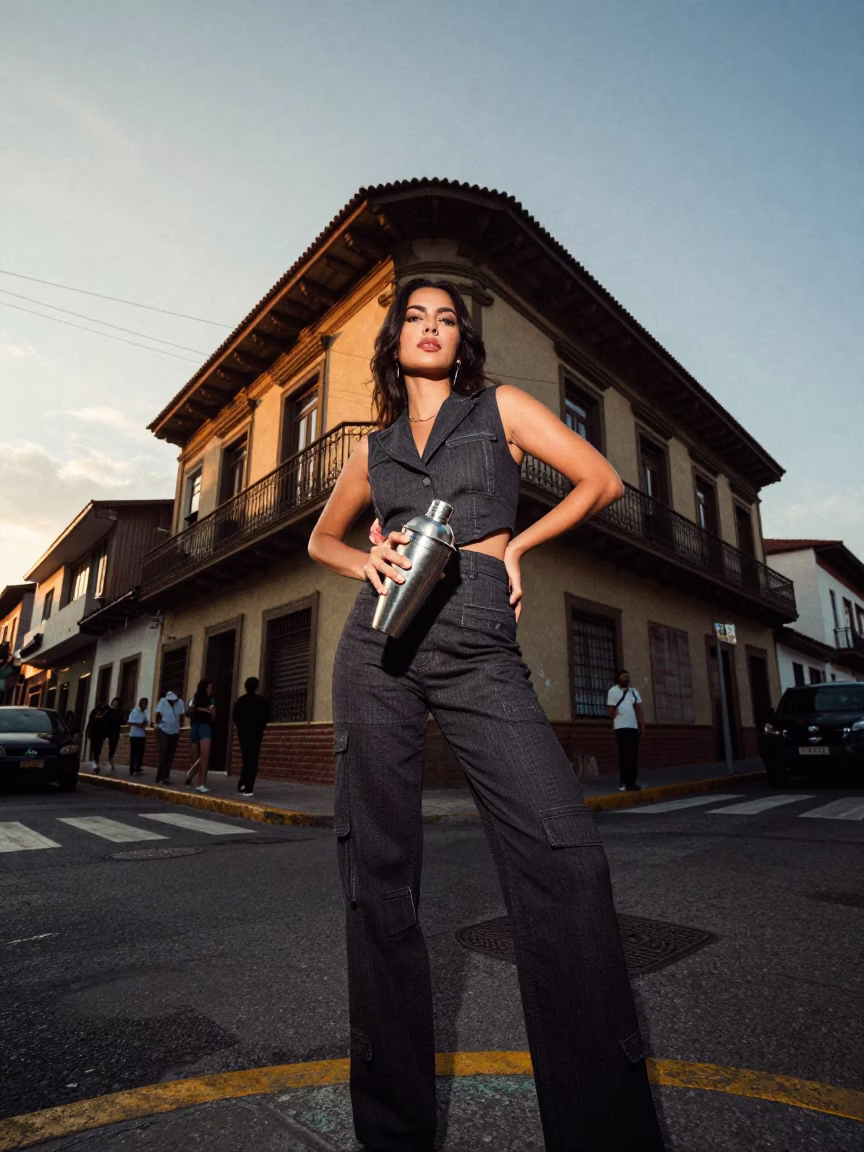 Golden Hour Street Photography in Medellin Colombia with Vintage Fashion Elements in in Medellin, Colombia