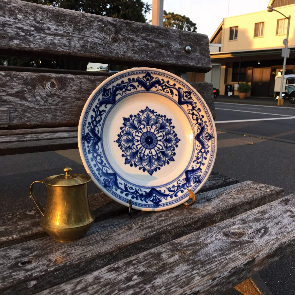 Golden hour street photography in Sydney featuring vintage majolica plate and brass handle details in in Sydney, New South Wales, Australia