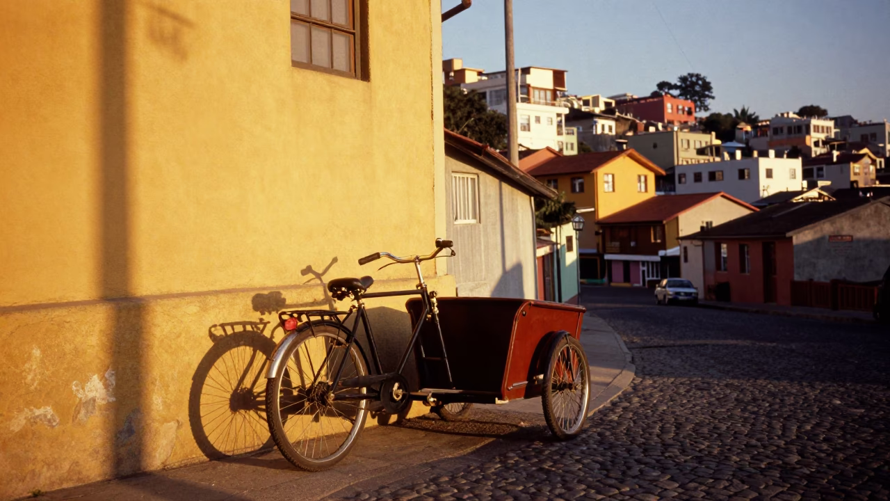 Golden Hour Street Photography in Valparaiso Chile with Vintage Cargo Bicycle in in Valparaiso, Chile
