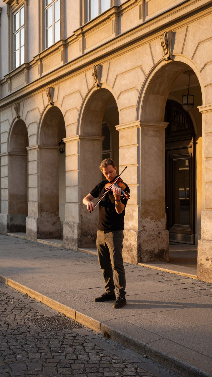 Golden Hour Street Photography in Vienna Austria with Violin Player in in Vienna, Austria