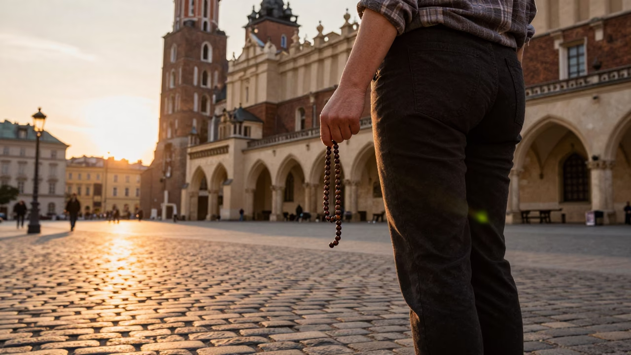 Golden hour street photography of a woman holding prayer beads in Krakow in in Krakow, Poland