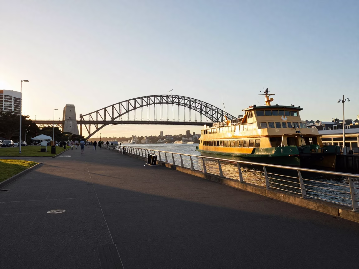 Golden Hour Street Photography of Auckland New Zealand Harbor Bridge and Ferry Terminal in in Auckland, New Zealand