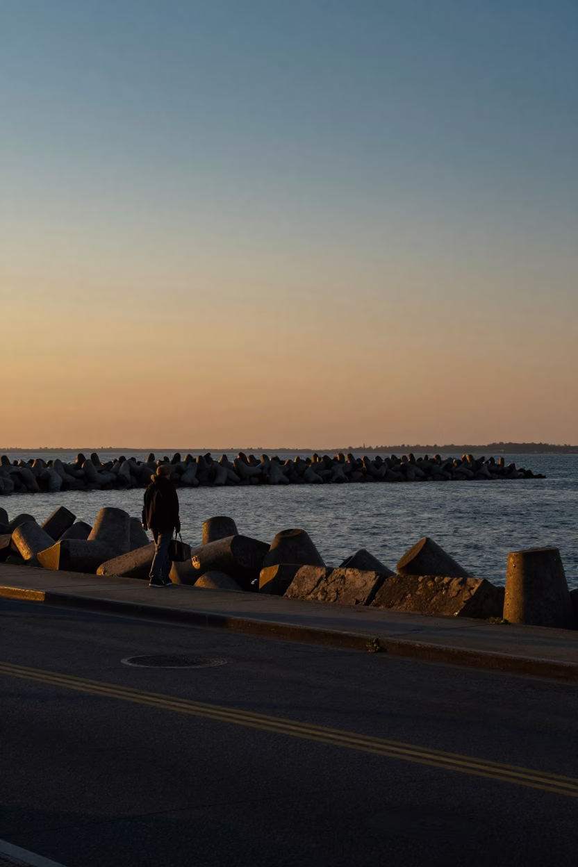Golden Hour Street Photography of Boston Harbor Breakwater and Blue Hour Sky Fading in in Boston, Massachusetts, United States