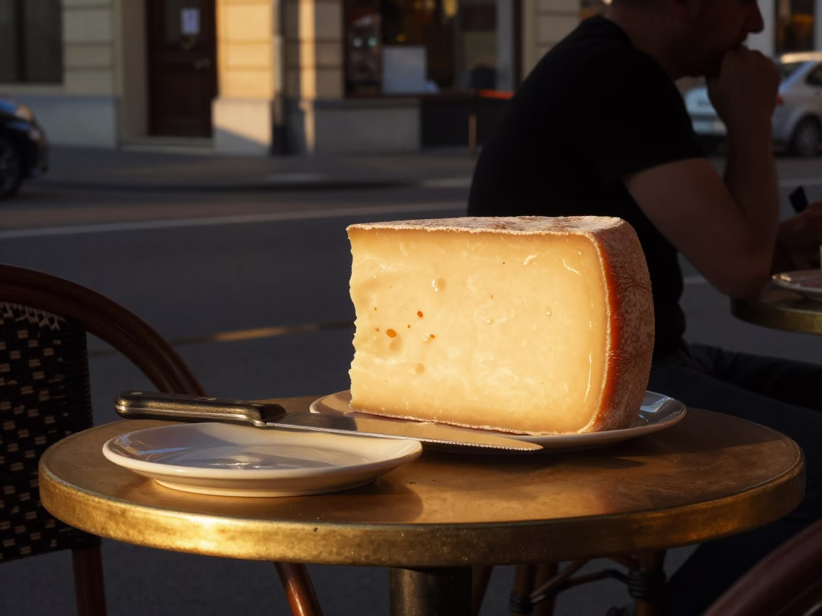 Golden Hour Street Photography of Budapest Cafe Table with Bread Knife and Cheese Wheel in in Budapest, Hungary
