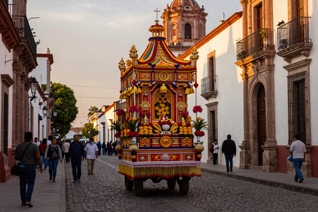 Golden Hour Street Photography of Colorful Processional Float in Guadalajara Mexico in in Guadalajara, Mexico