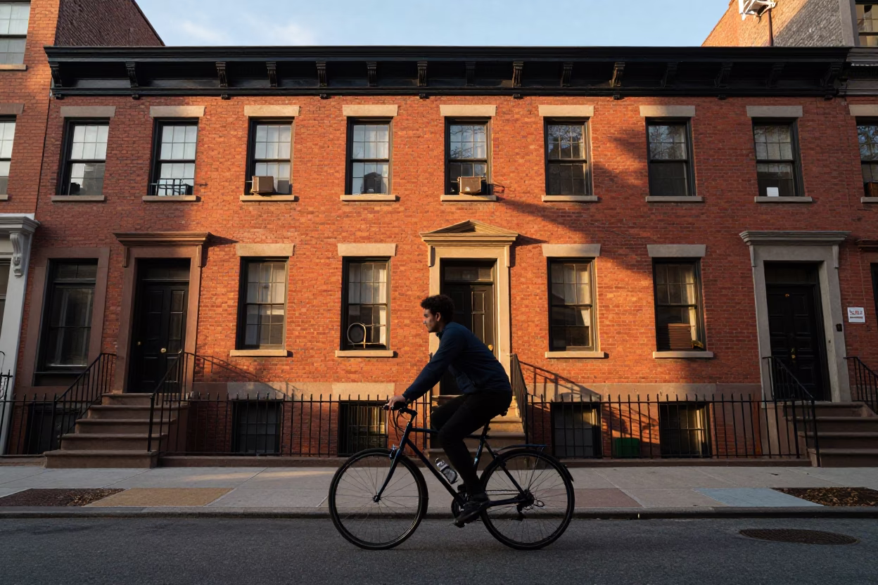 Golden Hour Street Photography of Cyclist Passing Brick Building in New York City in in New York, New York, United States