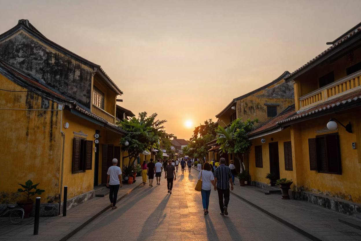 Golden Hour Street Photography of Hoi An Ancient Town with Lanterns and River in in Hoi An, Vietnam
