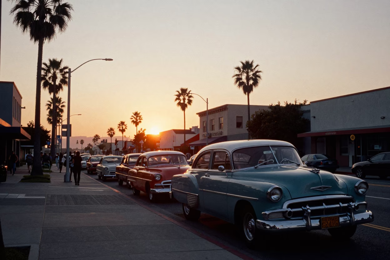 Golden Hour Street Photography of Los Angeles Sunset with Vintage Cars and Palm Trees in in Los Angeles, California, United States