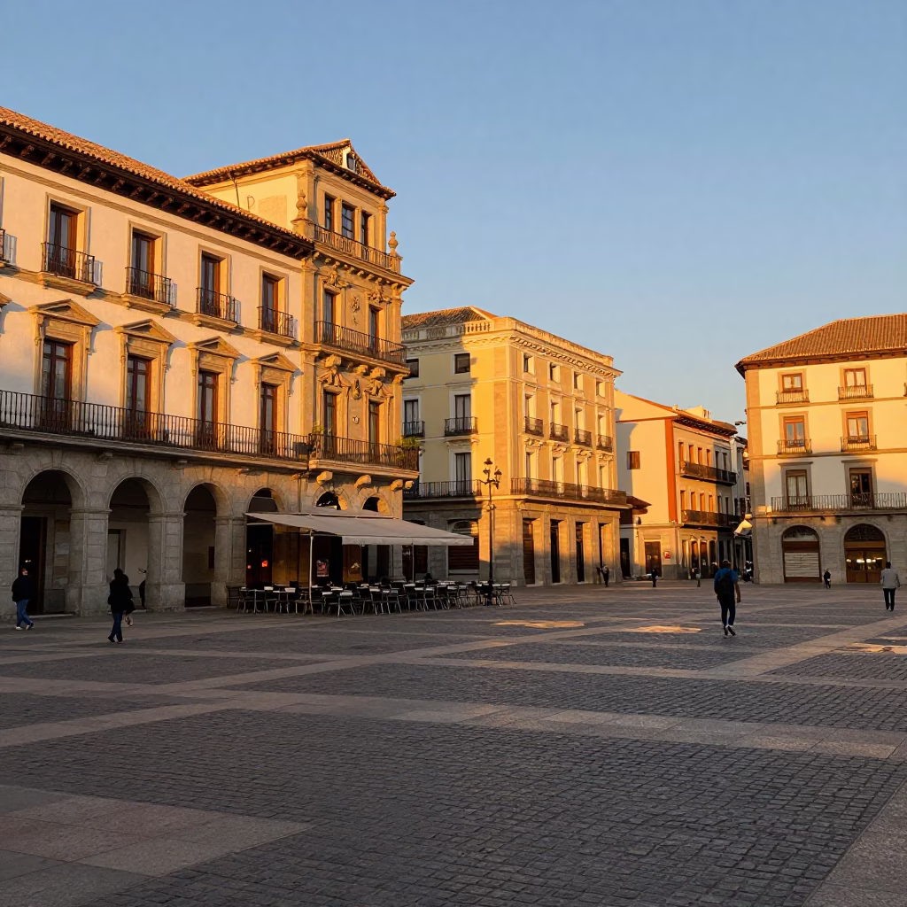 Golden hour street photography of Madrid Spain with traditional architecture and casual evening life in in Madrid, Spain