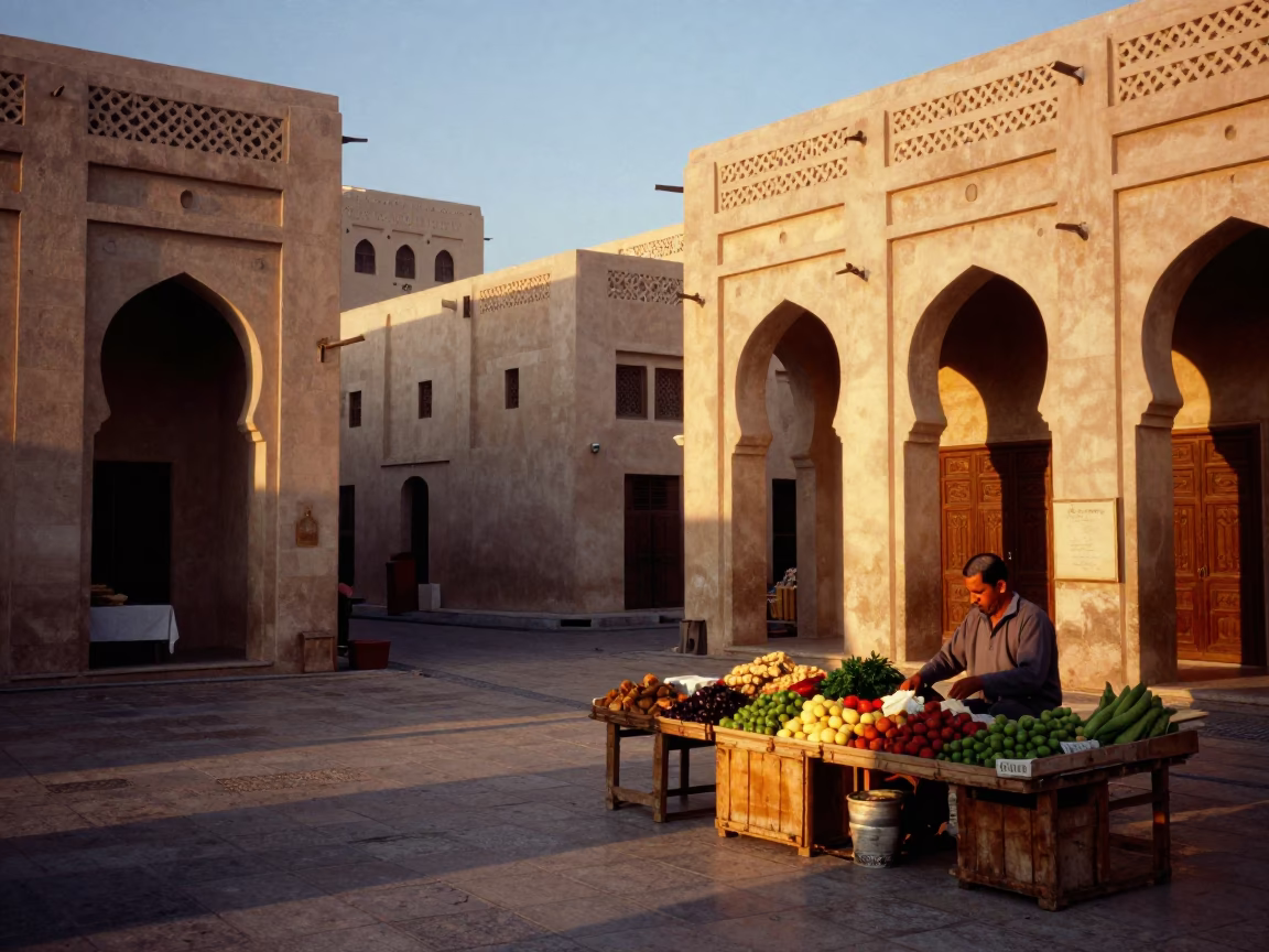 Golden Hour Street Photography of Muscat Oman Traditional Souq Market Scene in in Muscat, Oman