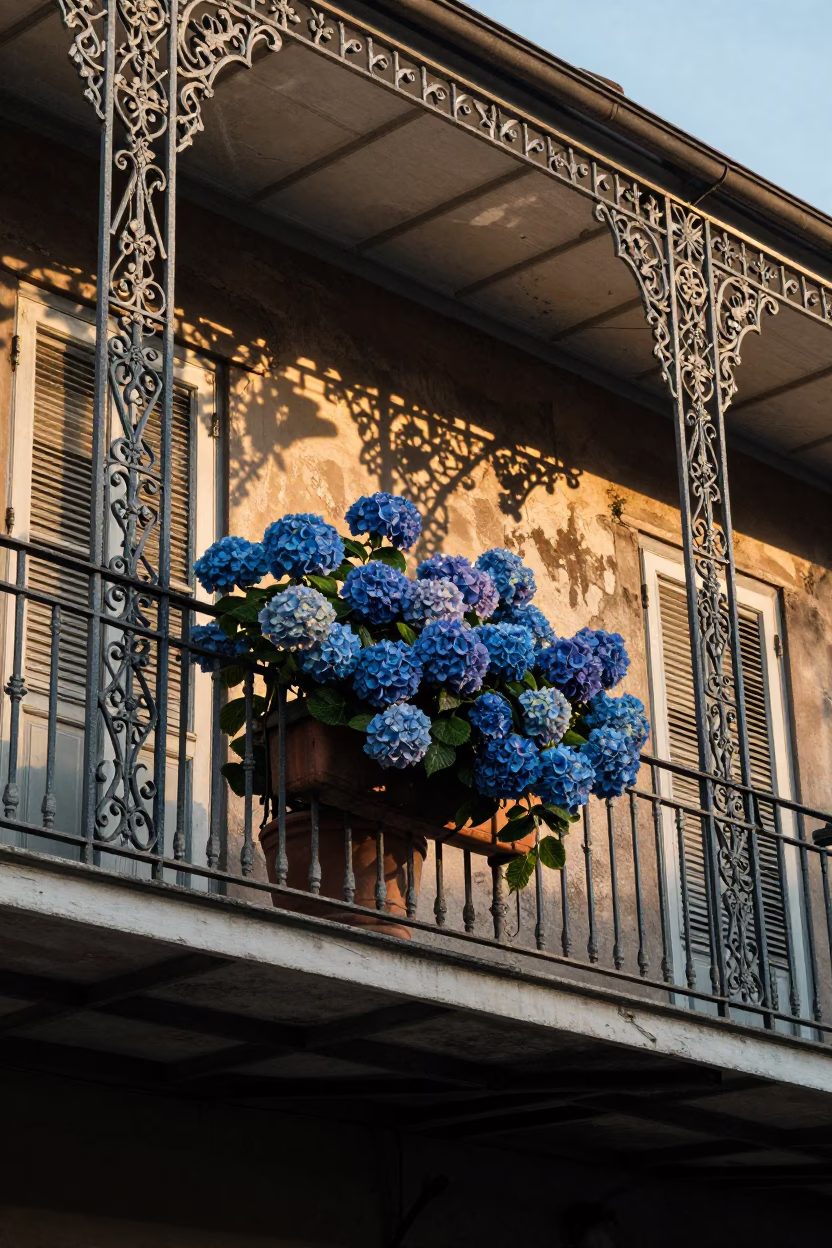 Golden Hour Street Photography of New Orleans Balcony With Ironwork and Hydrangeas in in New Orleans, Louisiana, United States