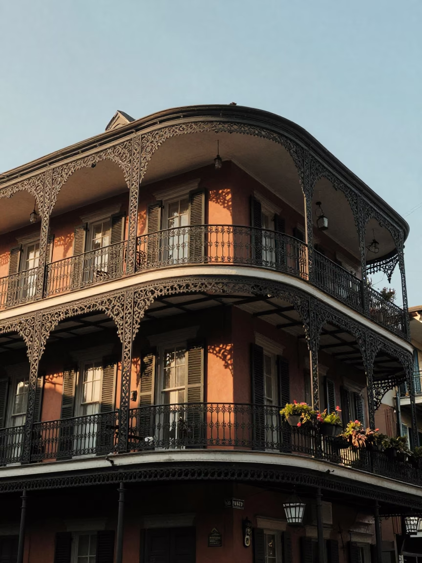 Golden Hour Street Photography of New Orleans French Quarter Balconies and Ironwork in in New Orleans, Louisiana, United States