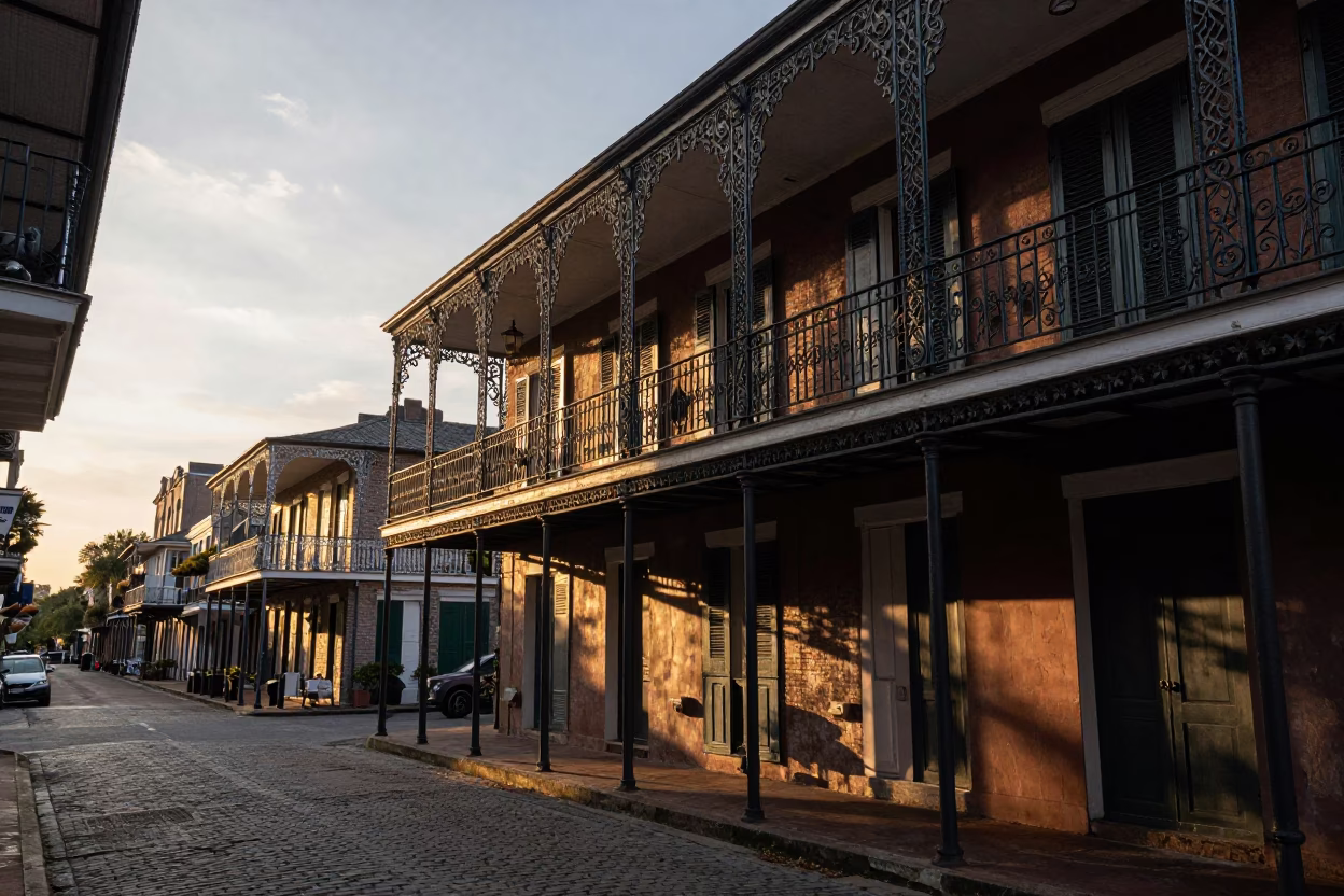 Golden Hour Street Photography of New Orleans French Quarter Balcony with Ironwork and Sunset in in New Orleans, Louisiana, United States