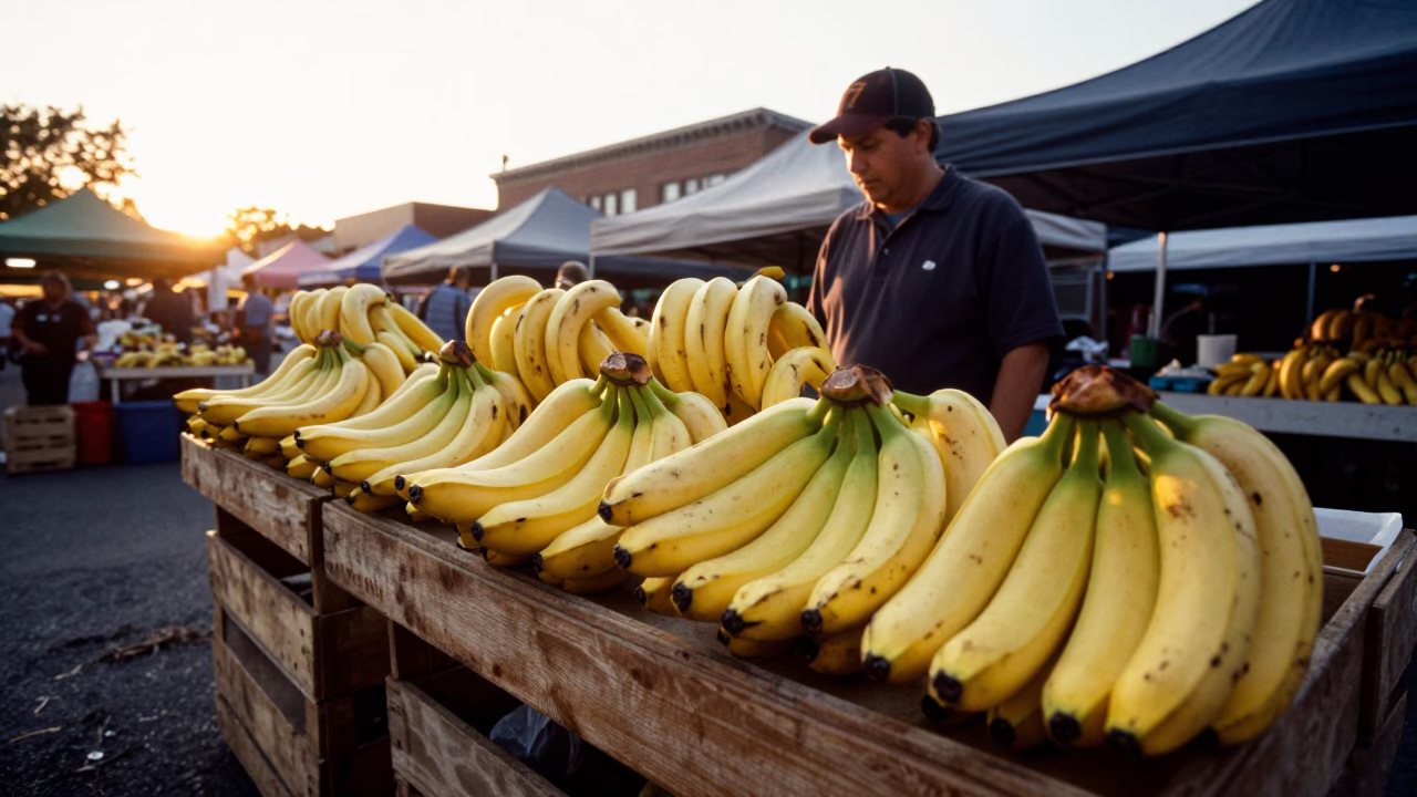 Golden Hour Street Photography of Philadelphia Pennsylvania Market Scene with Bananas and Local Vendor in in Philadelphia, Pennsylvania, United States