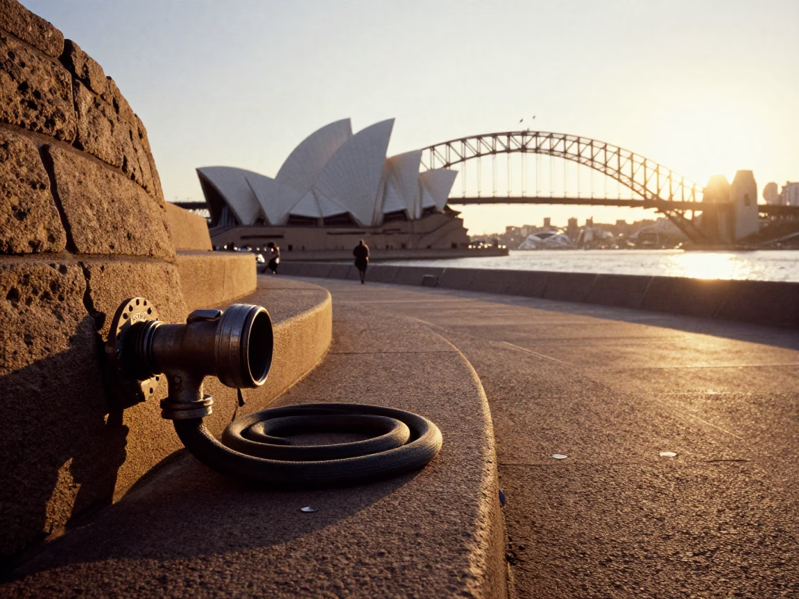 Golden Hour Street Photography of Sydney Harbor Bridge and Opera House with Hose Nozzle in in Sydney, New South Wales, Australia