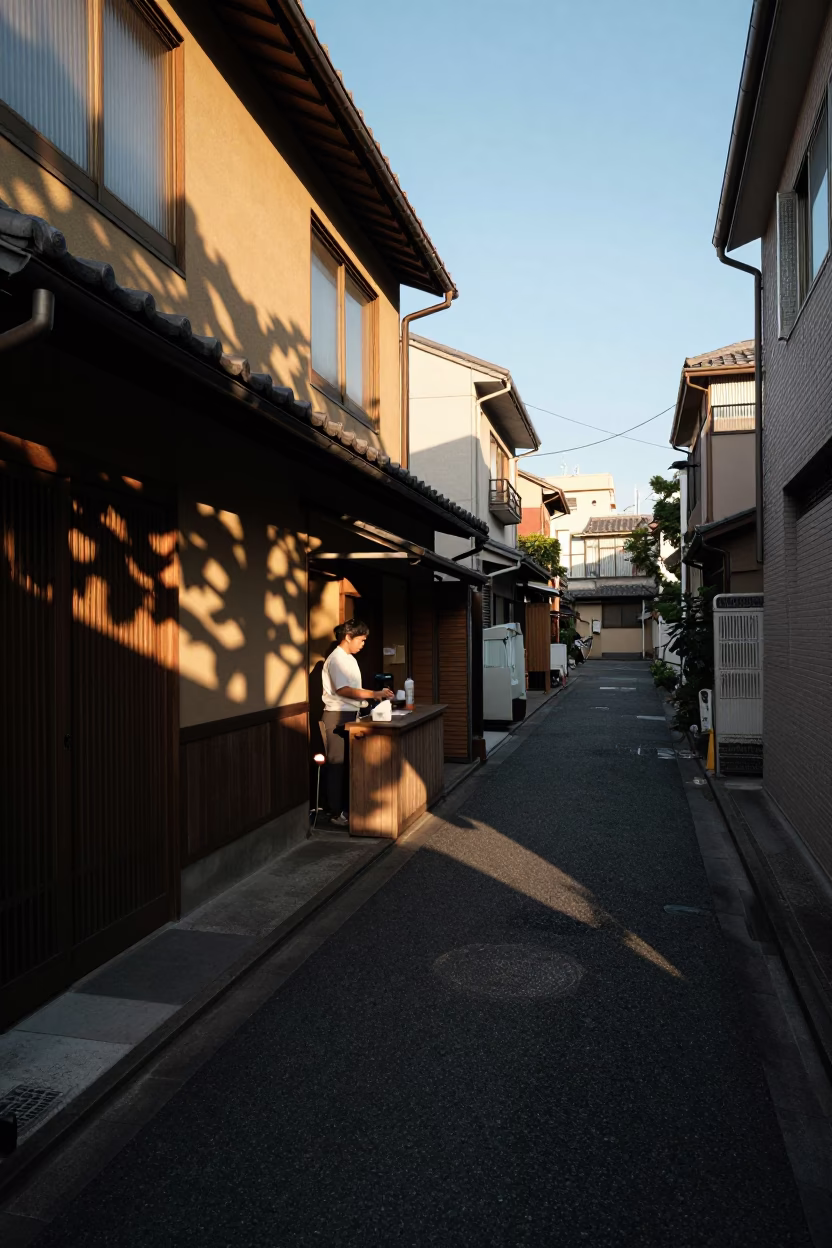 Golden Hour Street Photography of Tokyo Alleyway with Leaf Shadows and Porcelain Jars in in Tokyo, Japan