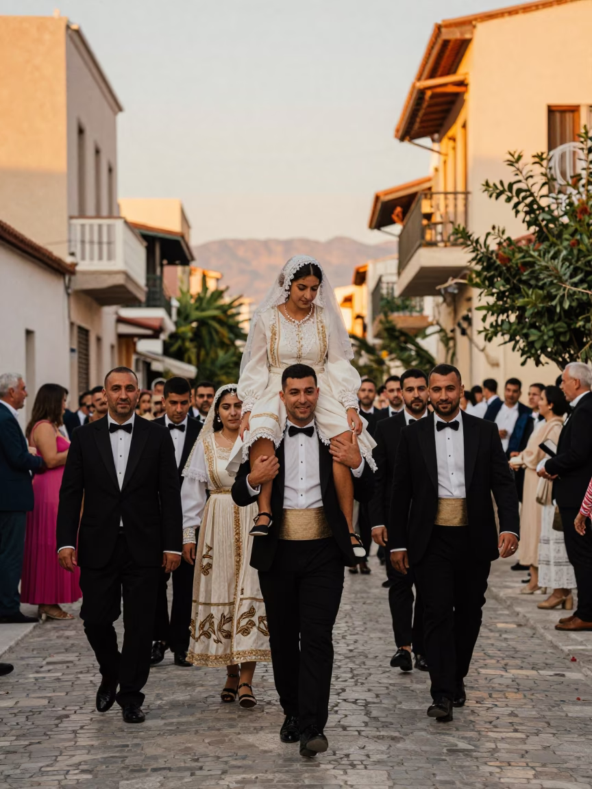 Golden Hour Street Photography of Traditional Greek Wedding Procession in Athens Greece in in Athens, Greece