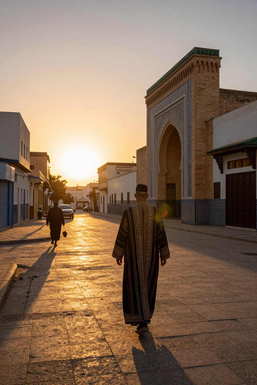 Golden Hour Street Photography of Traditional Tunisian Fashion and Architecture in Historic Medina in in Tunis, Tunisia