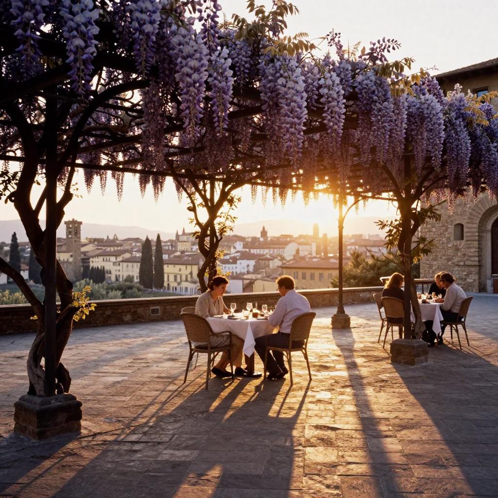 Golden Hour Street Photography of Tuscan Dining and Wisteria in Florence Italy in in Florence, Italy