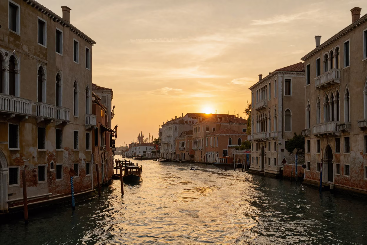 Golden Hour Street Photography of Venice Italy Canals and Historic Architecture at Sunset in in Venice, Italy