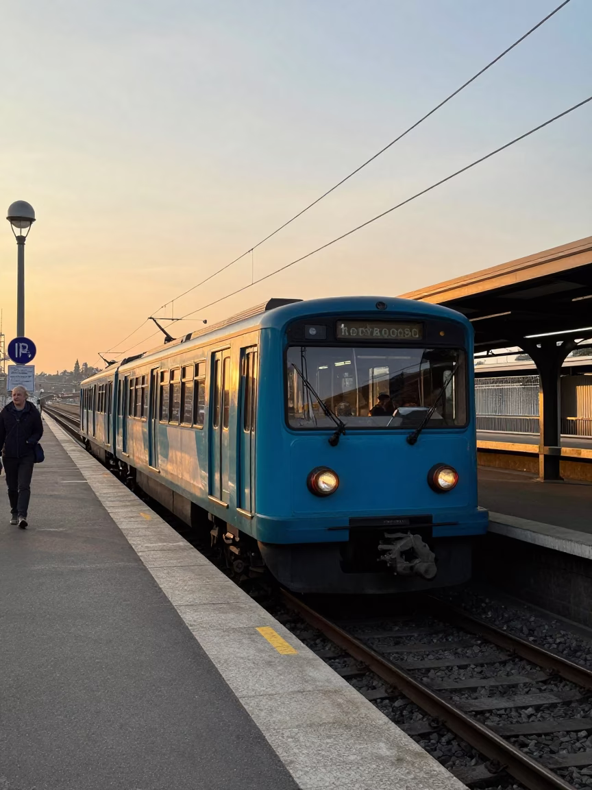 Golden Hour Street Photography of Vintage Brussels Metro Train Emerging into Sunlight in in Brussels, Belgium