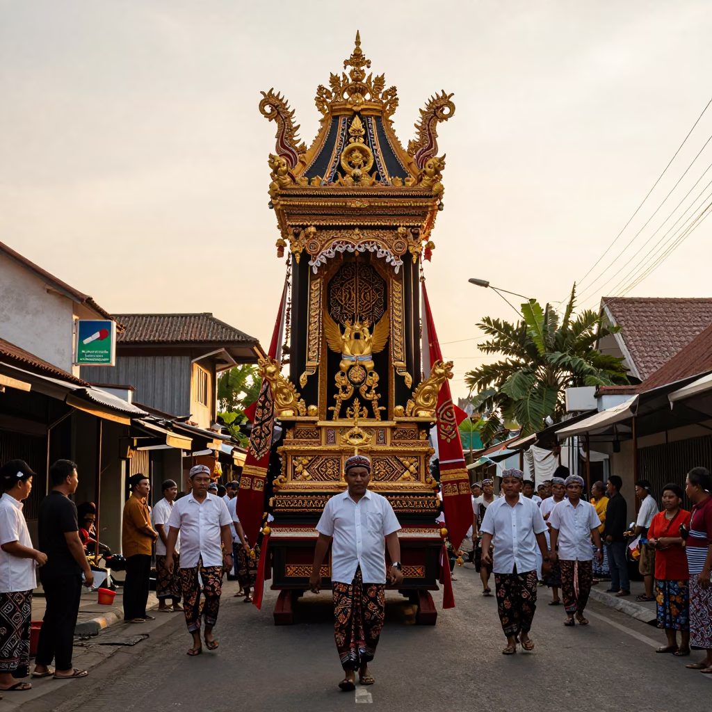Golden Hour Street Photography of Yogyakarta Indonesia Traditional Wayang Procession in in Yogyakarta, Indonesia