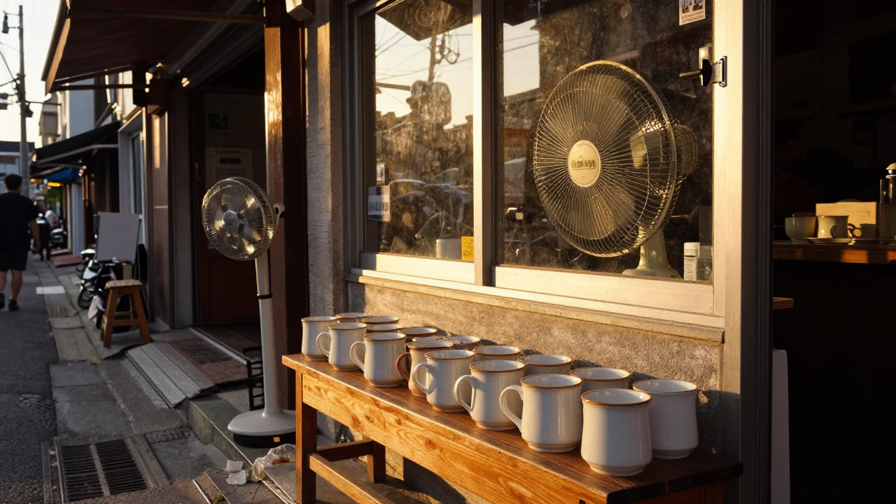 Golden hour street photography Seoul with ceramic mugs and window fan in in Seoul, South Korea