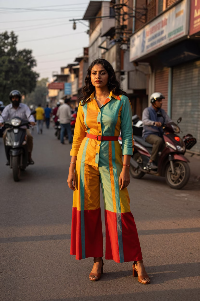 Golden Hour Street Portrait in Delhi India with Vintage Fashion and Colorful Details in in Delhi, India