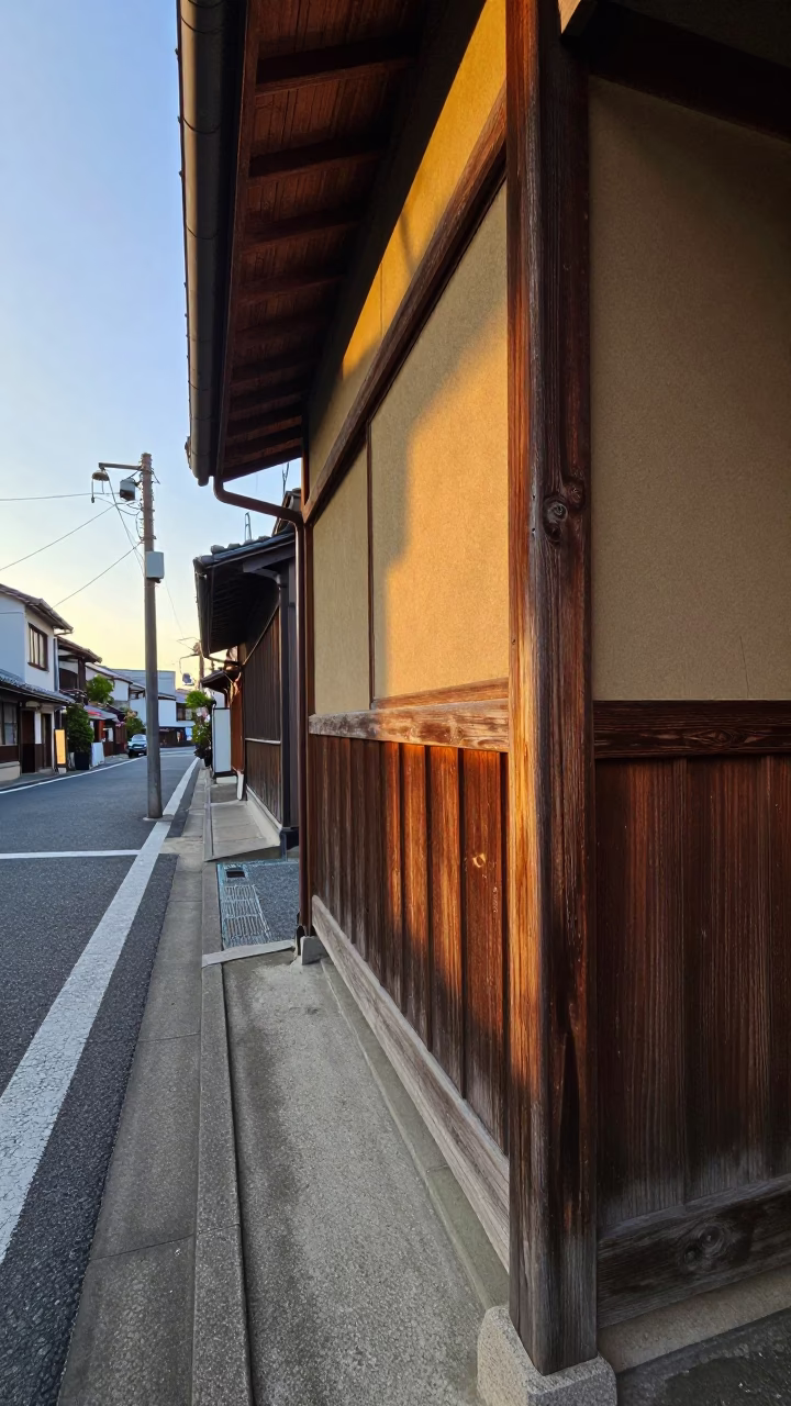 Golden Hour Street Scene in 1950s Tokyo Japan with Wooden Doorframe Details in in Tokyo, Japan