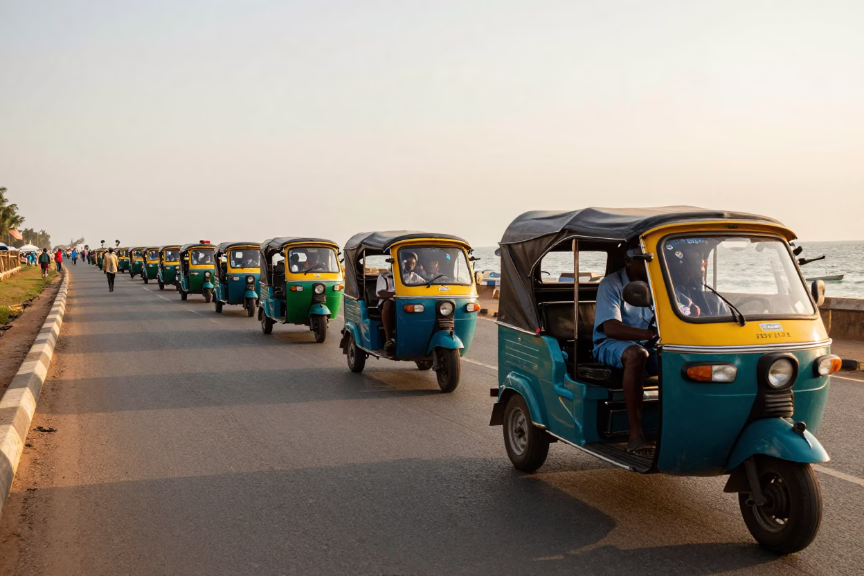 Golden Hour Street Scene in Accra Ghana Motorcycle Taxi Convoy on Coastal Road in in Accra, Ghana