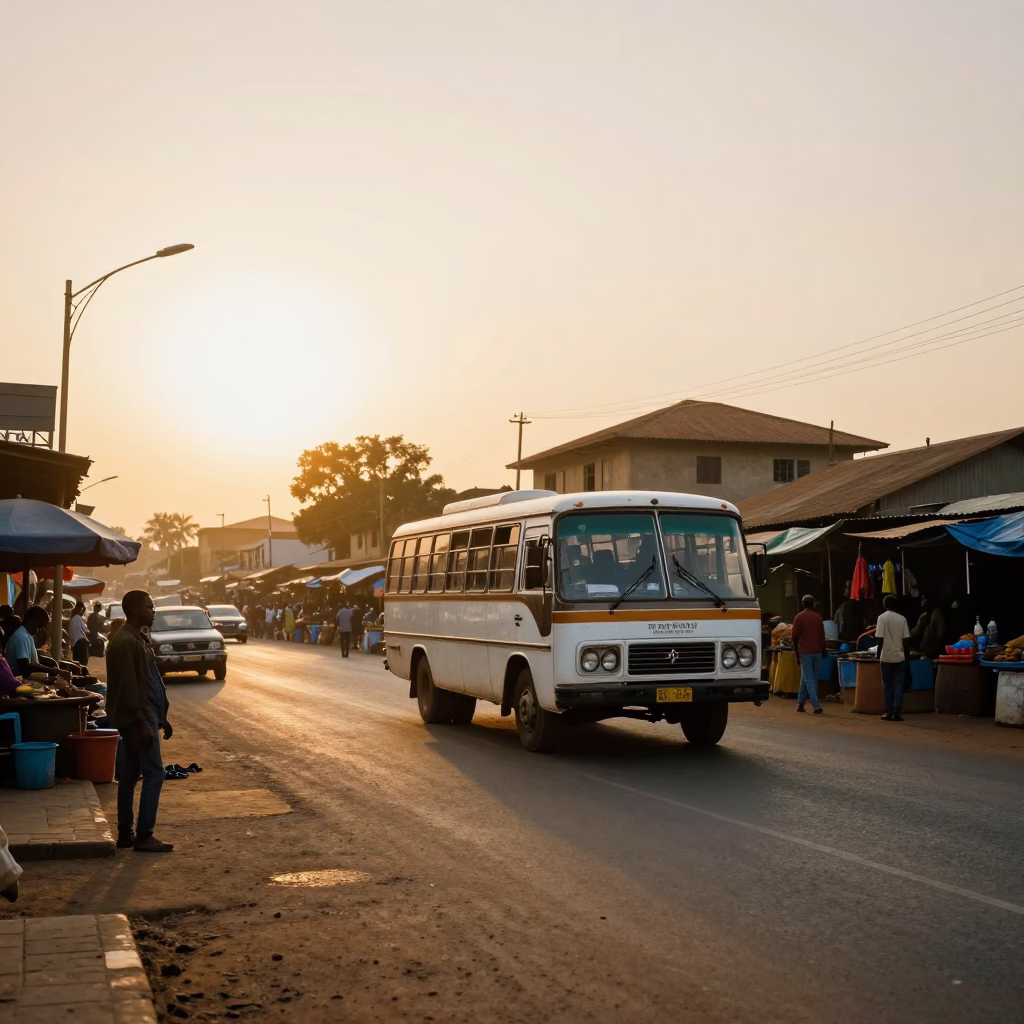 Golden Hour Street Scene in Accra Ghana with Bedford Bus and Local Market Activity in in Accra, Ghana