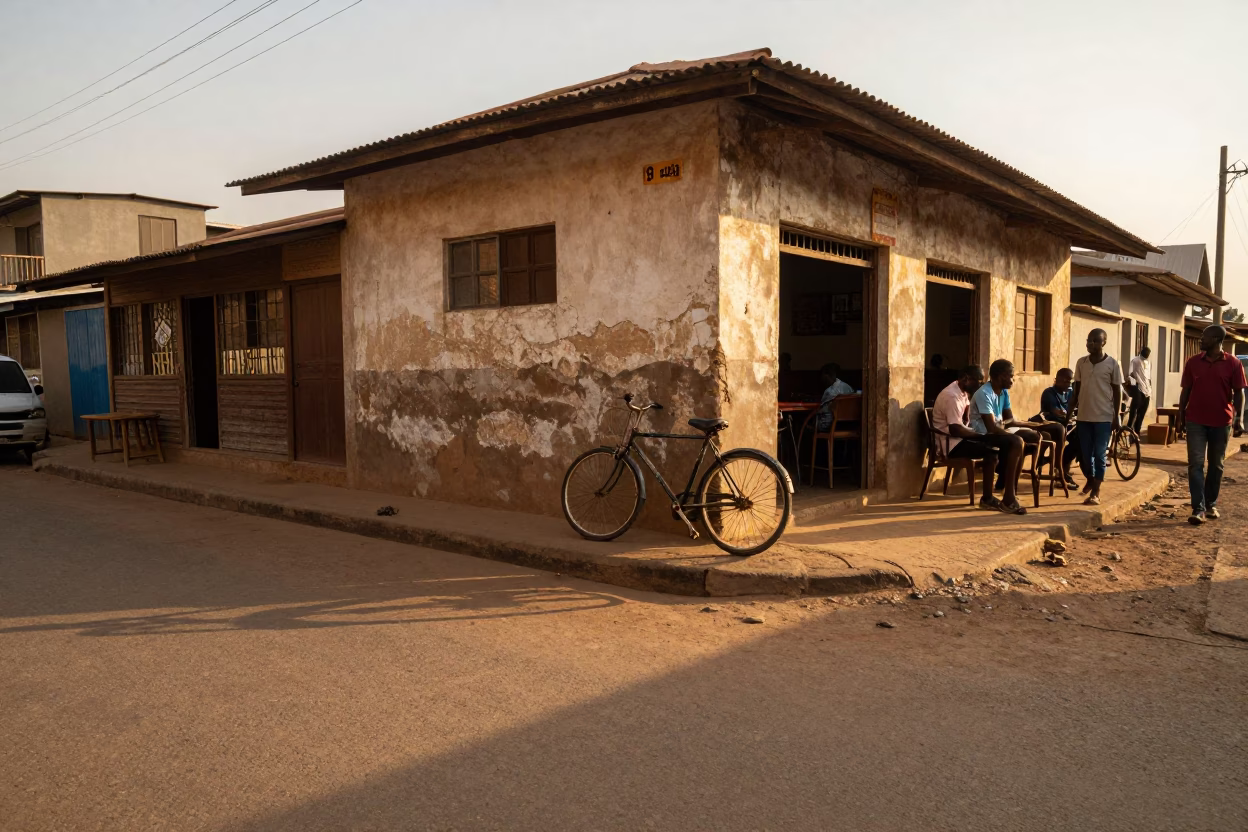 Golden Hour Street Scene in Accra Ghana with Bicycle and Local Cafe Exterior in in Accra, Ghana