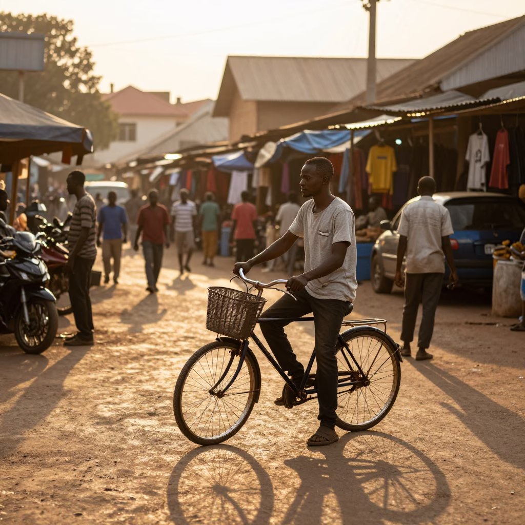 Golden Hour Street Scene in Accra Ghana with Bicycle Basket and Local Market Activity in in Accra, Ghana