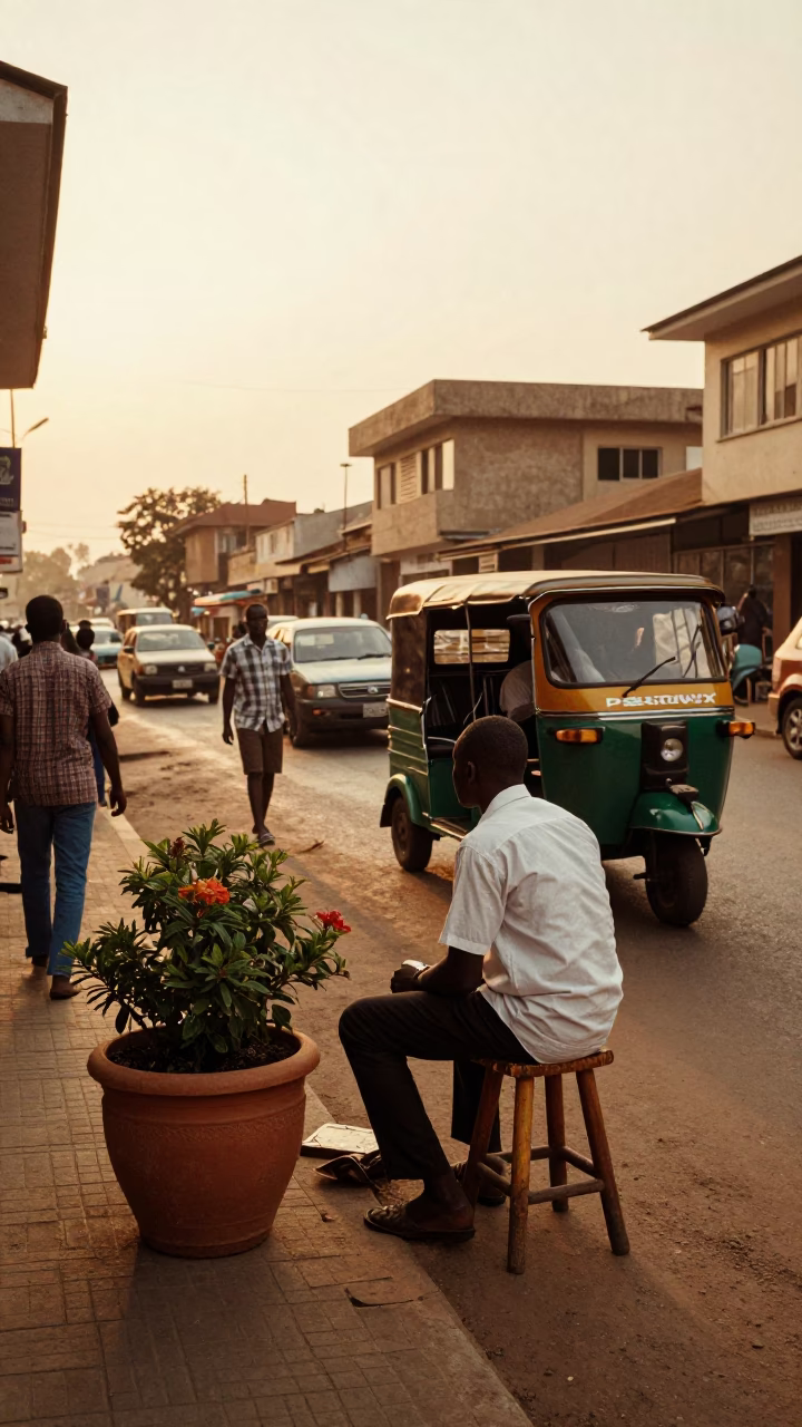 Golden Hour Street Scene in Accra Ghana with Flowerpot and Stool in in Accra, Ghana