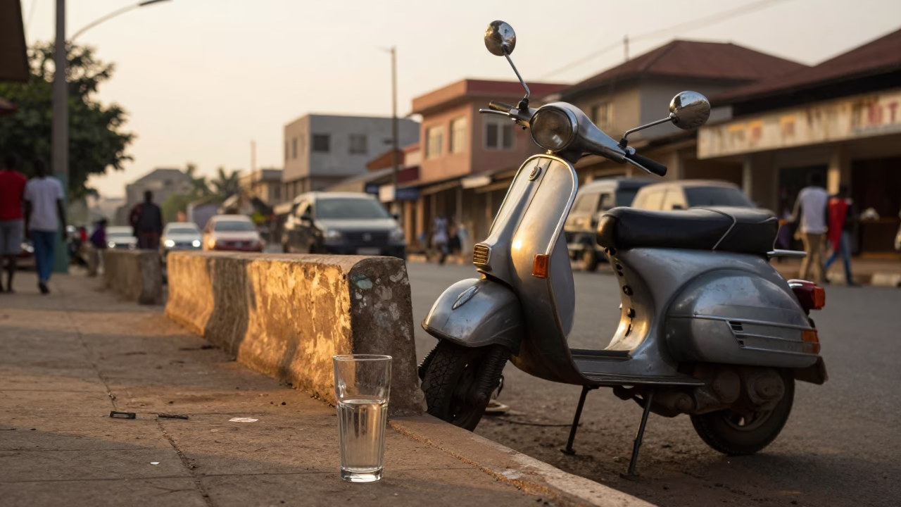 Golden Hour Street Scene in Accra Ghana with Glass Tumbler and Scooter in in Accra, Ghana