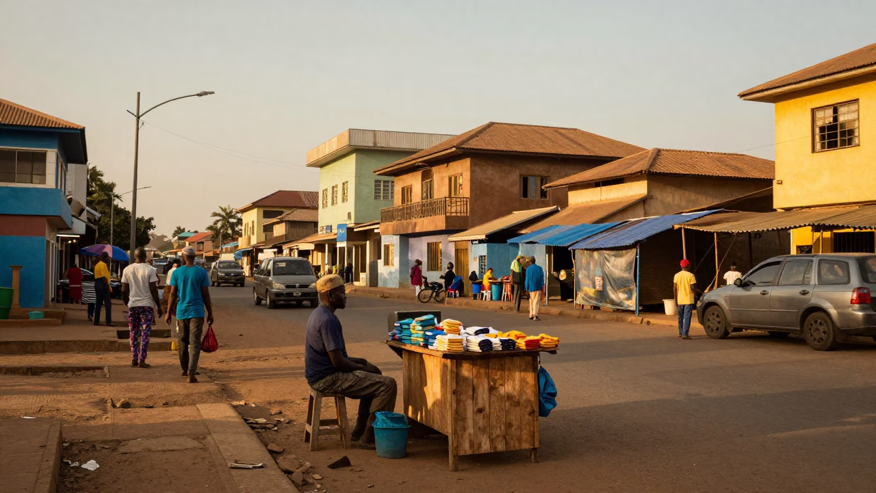 Golden Hour Street Scene in Accra Ghana with Local Market Activity and Everyday Objects in in Accra, Ghana