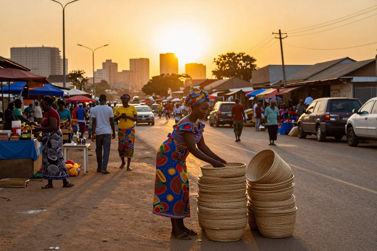 Golden Hour Street Scene in Accra Ghana with Local Market Activity and Horizon View in in Accra, Ghana