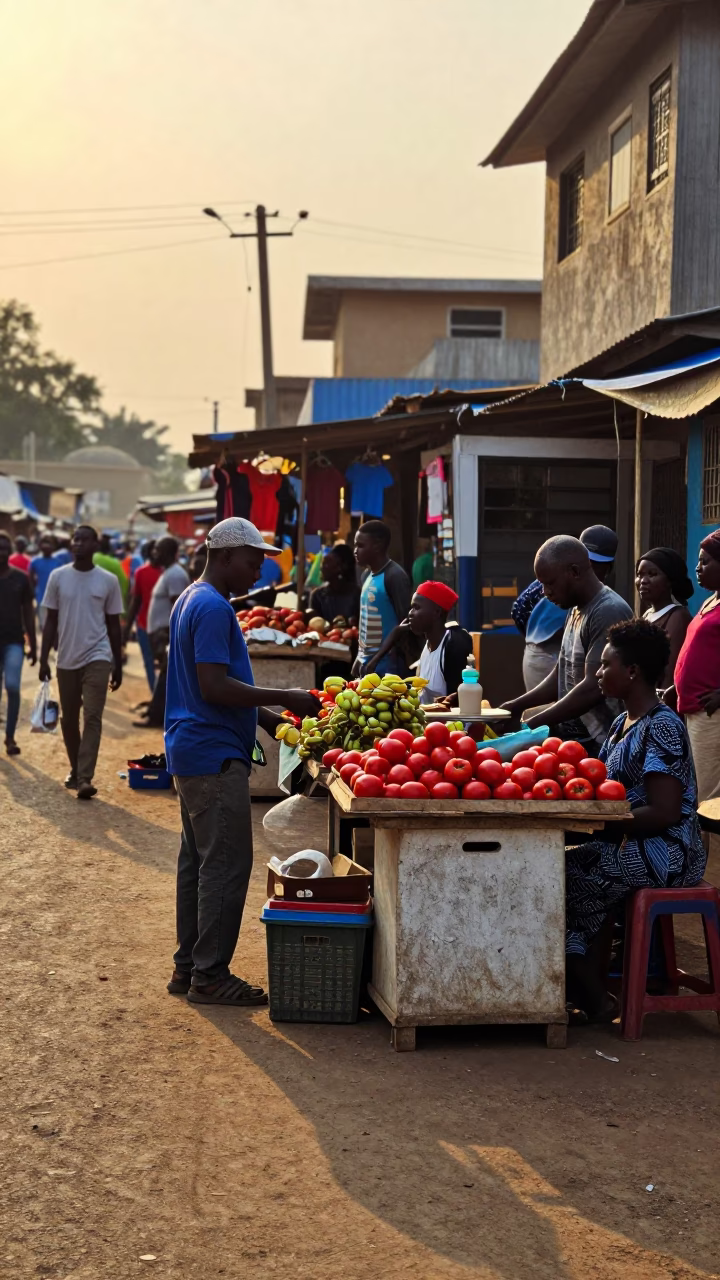 Golden Hour Street Scene in Accra Ghana with Market Goods and Local Life in in Accra, Ghana