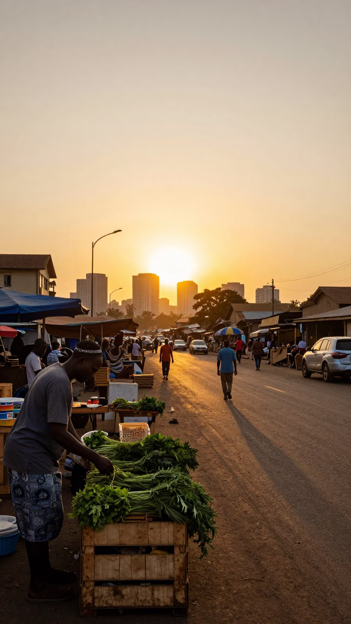 Golden Hour Street Scene in Accra Ghana with Market Stalls and Local Life in in Accra, Ghana