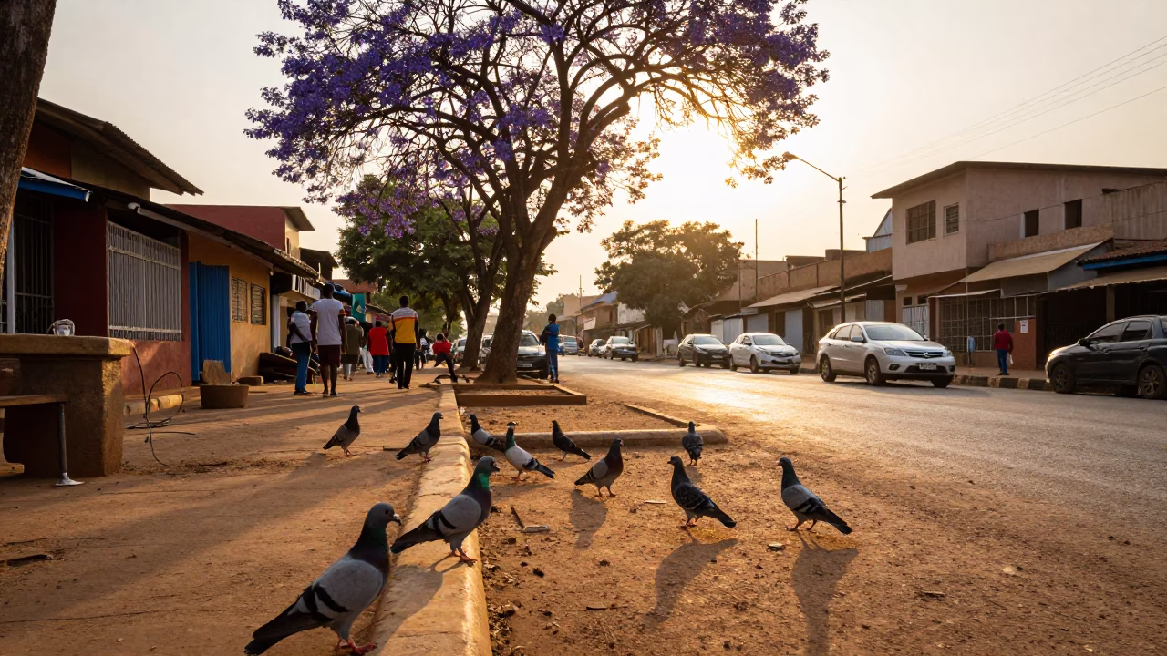 Golden Hour Street Scene in Accra Ghana with Pigeons and Jacaranda Blooms in in Accra, Ghana