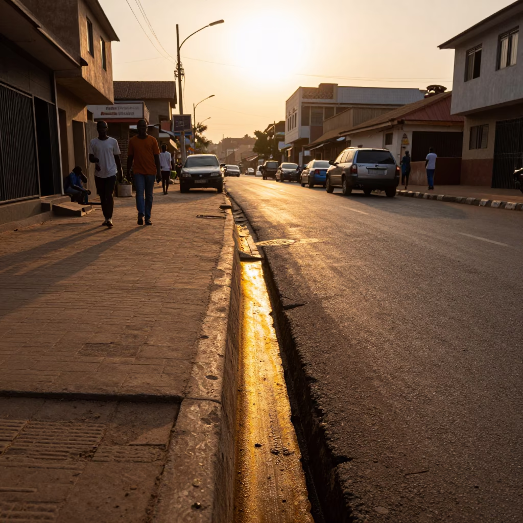 Golden Hour Street Scene in Accra Ghana with Sun Stripe Across Drain in in Accra, Ghana