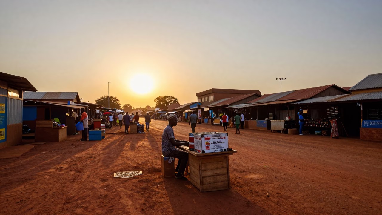 Golden Hour Street Scene in Accra Ghana with Tin Box and Avocados in in Accra, Ghana