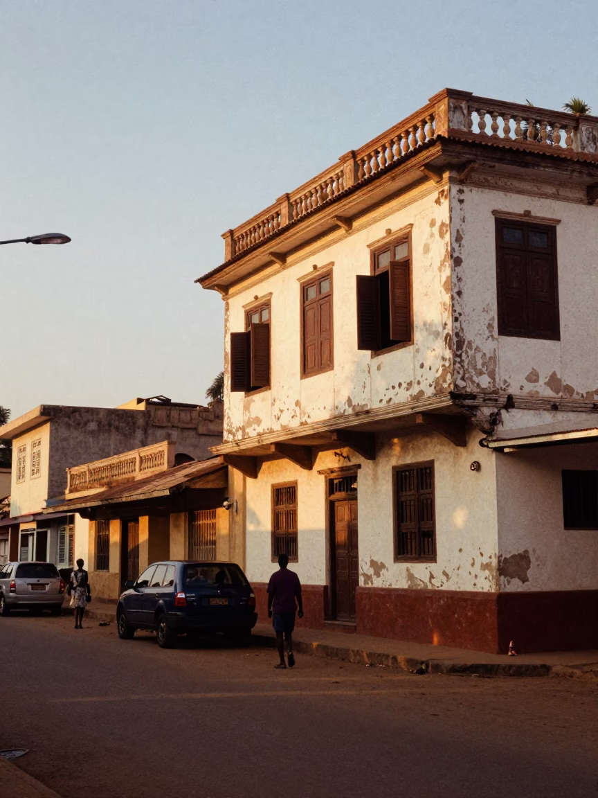 Golden Hour Street Scene in Accra Ghana with Traditional Architecture and Local Life in in Accra, Ghana