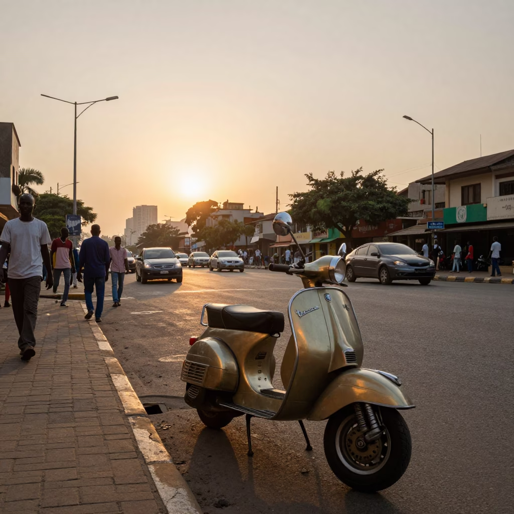 Golden Hour Street Scene in Accra Ghana with Vintage Vespa and Local Market Activity in in Accra, Ghana